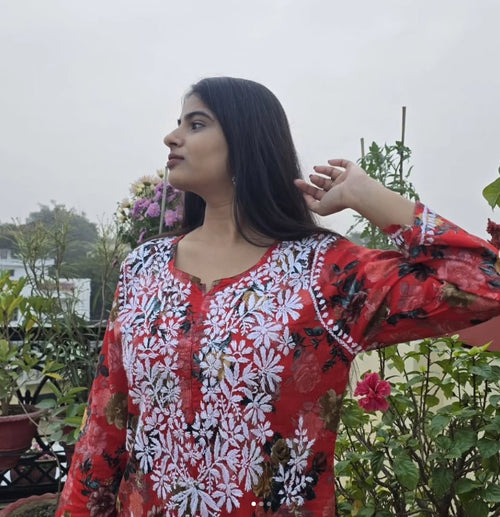 Floral Red Chikankari Kurti