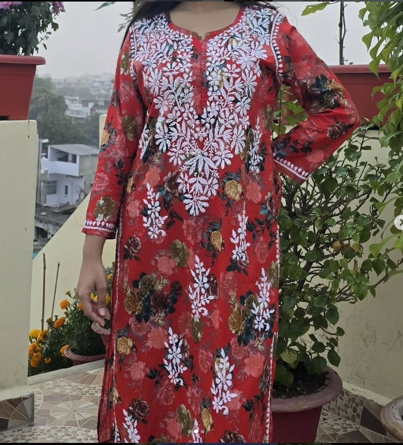Floral Red Chikankari Kurti