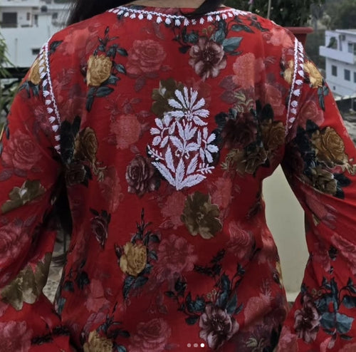Floral Red Chikankari Kurti