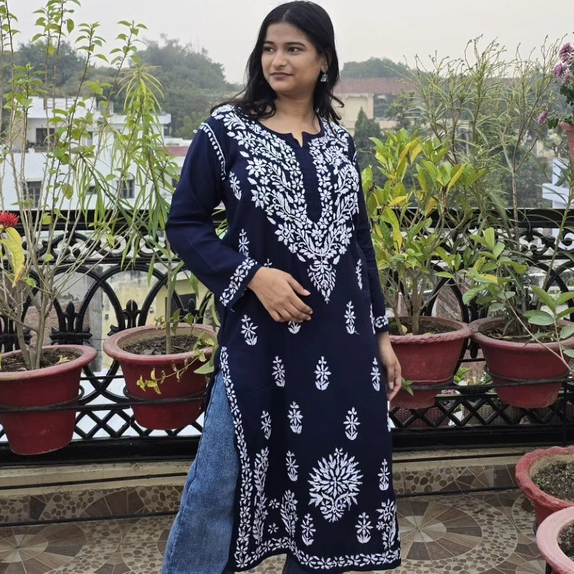 Navy Blue Chickankari Kurti